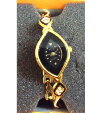 Diamond Shape Ladies Wrist Watch, Analog Display, Quartz Watch, American Diamond Crafted Chain, Gold and Black Color